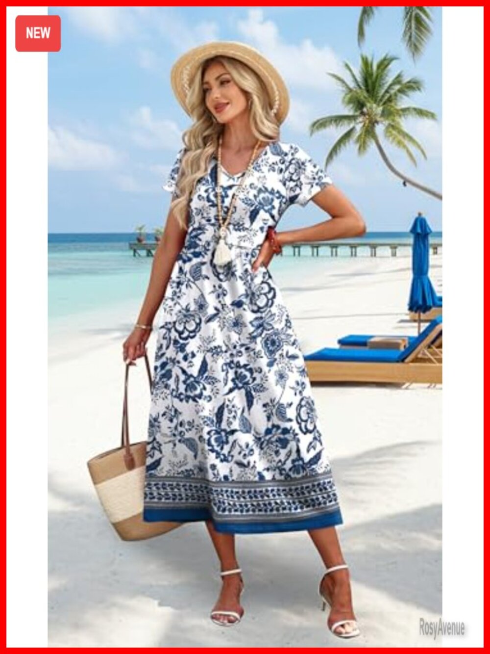 Flowy A-Line Midi Dress with Pockets S-2XL Casual Beach Vacation - Picture 2 of 7